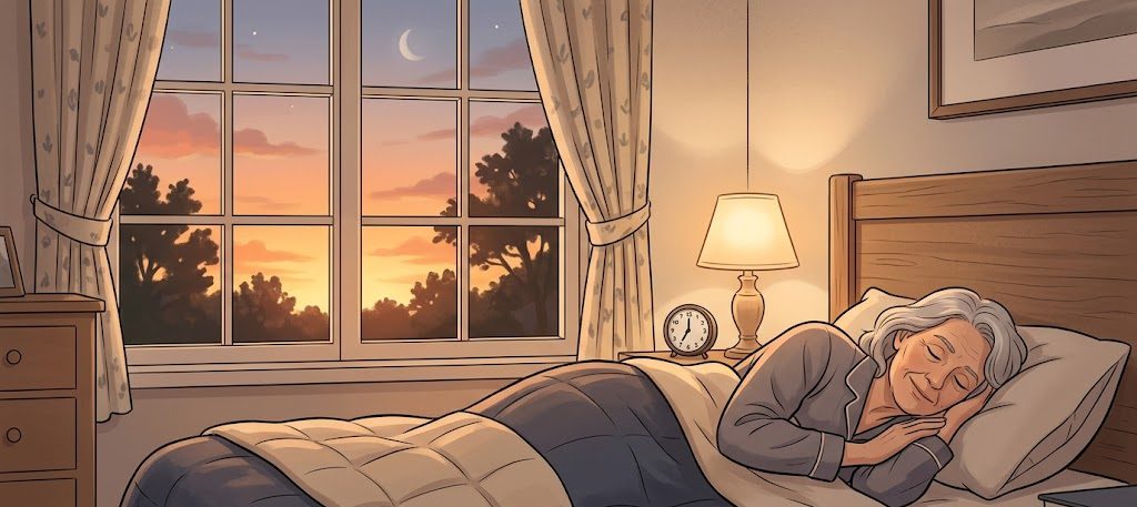 Illustration of an older adult sleeping in bed at sunset with a clock showing 7 PM, representing advanced sleep phase