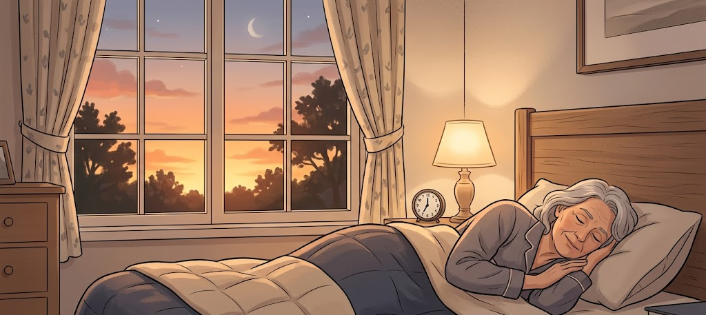 Illustration of an older adult sleeping in bed at sunset with a clock showing 7 PM, representing advanced sleep phase