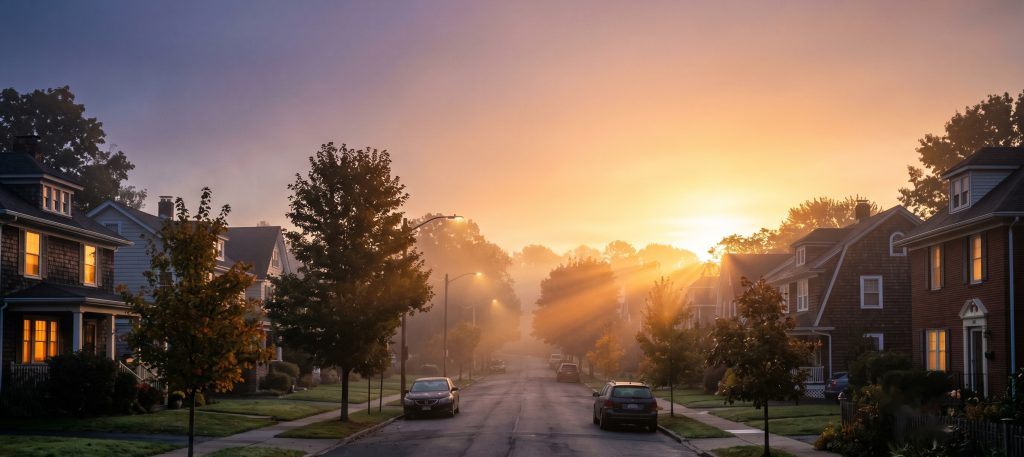 The sun rising over a quiet residential street at dawn, golden light cutting through morning mist while house windows still glow