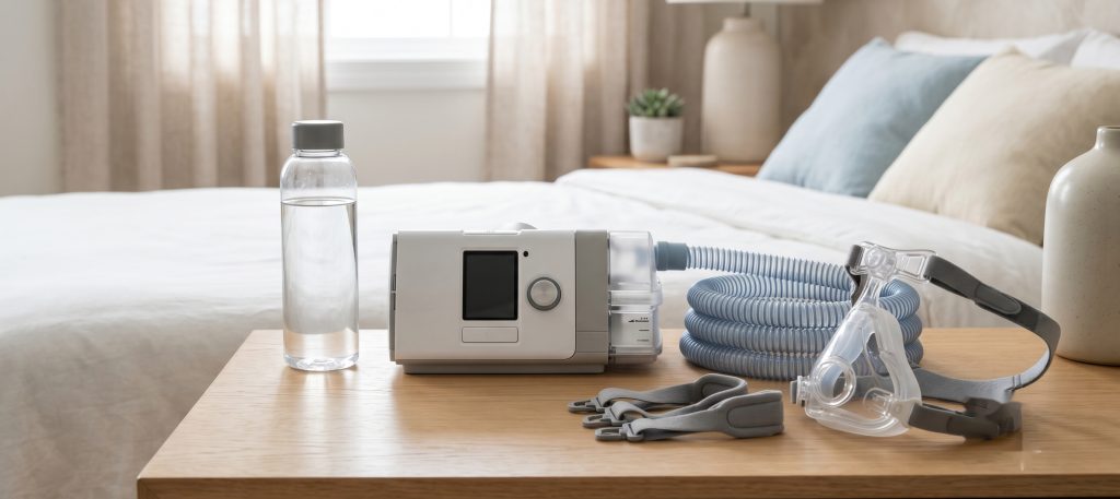 A CPAP machine with humidifier, full-face mask, headgear, and hose laid out neatly on a bedside table in daylight