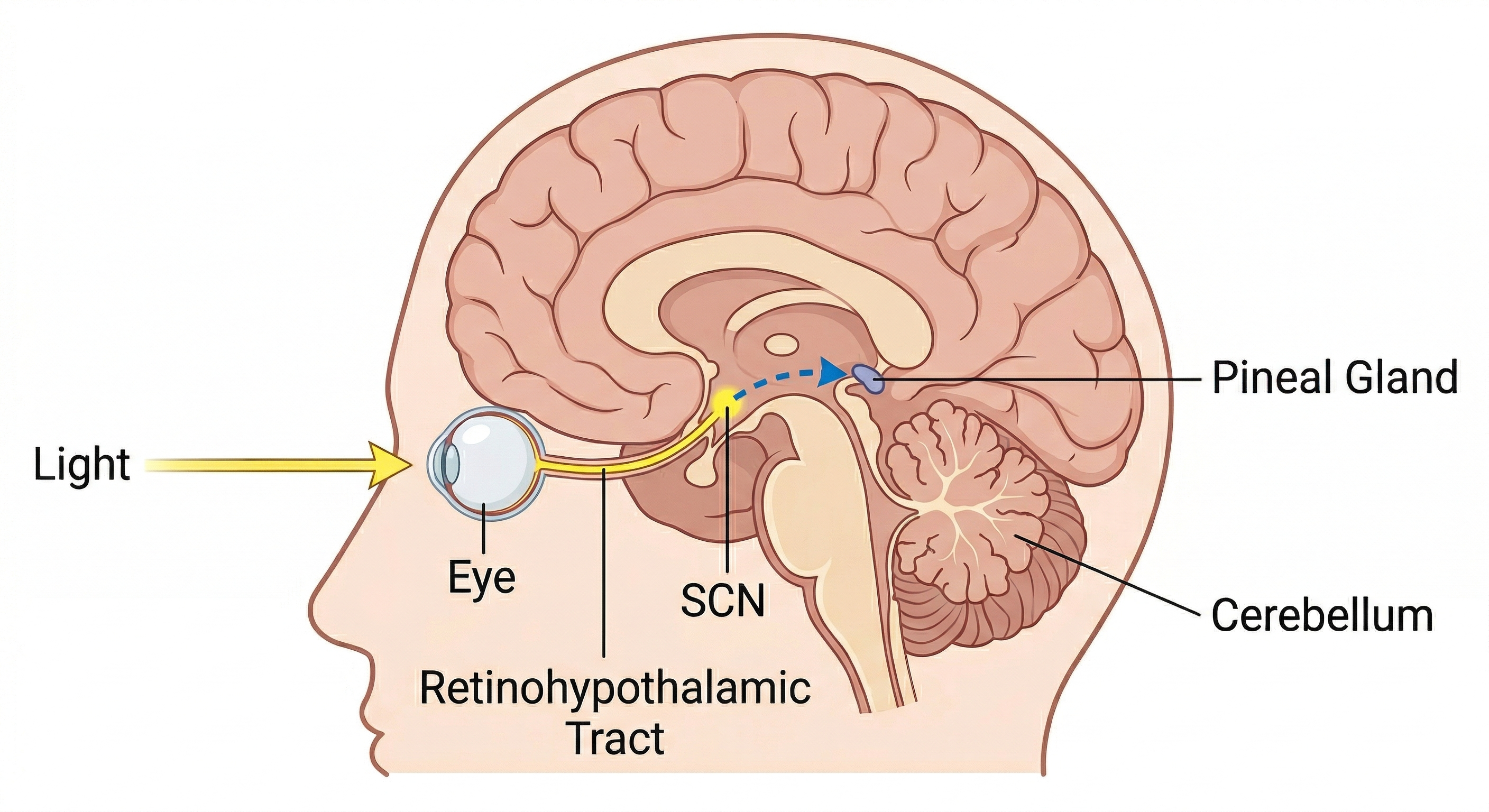 Midsagittal anatomical illustration of the human head showing the eye, optic nerve, optic chiasm, suprachiasmatic nucleus (SCN) in the hypothalamus, pineal gland, thalamus, corpus callosum, brainstem, and cerebellum, with the light pathway from retina to SCN to pineal gland labeled.