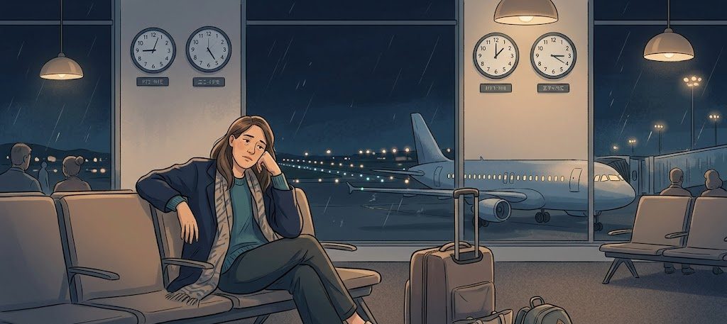 Illustration of an airplane between two clocks showing different time zones, representing jet lag