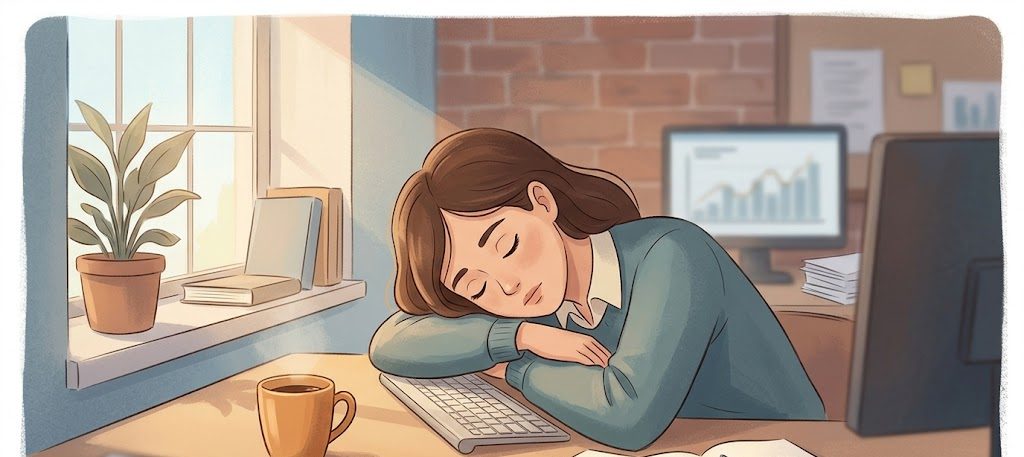 Illustration of a person asleep at their desk during the day with floating Zzz, representing narcolepsy type 2 daytime sleepiness