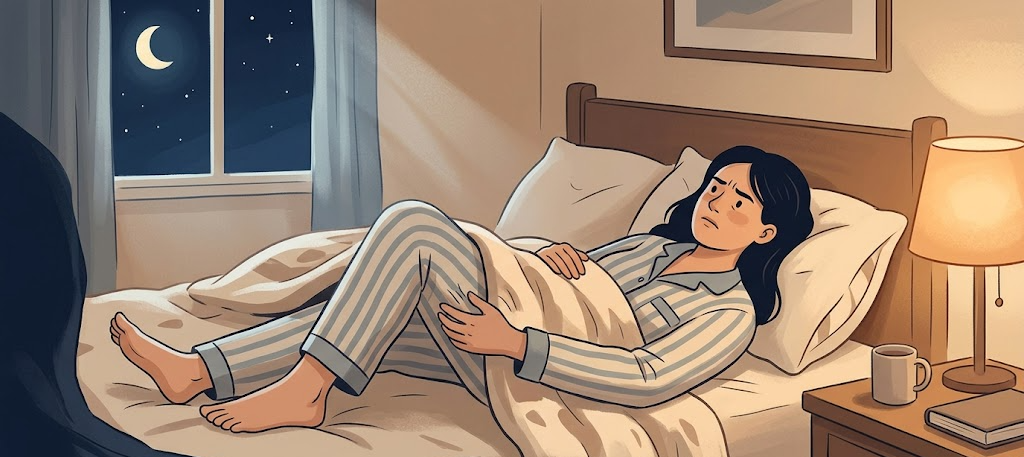 Illustration of a person awake in bed at night with violet motion arcs at their legs suggesting restless leg sensations