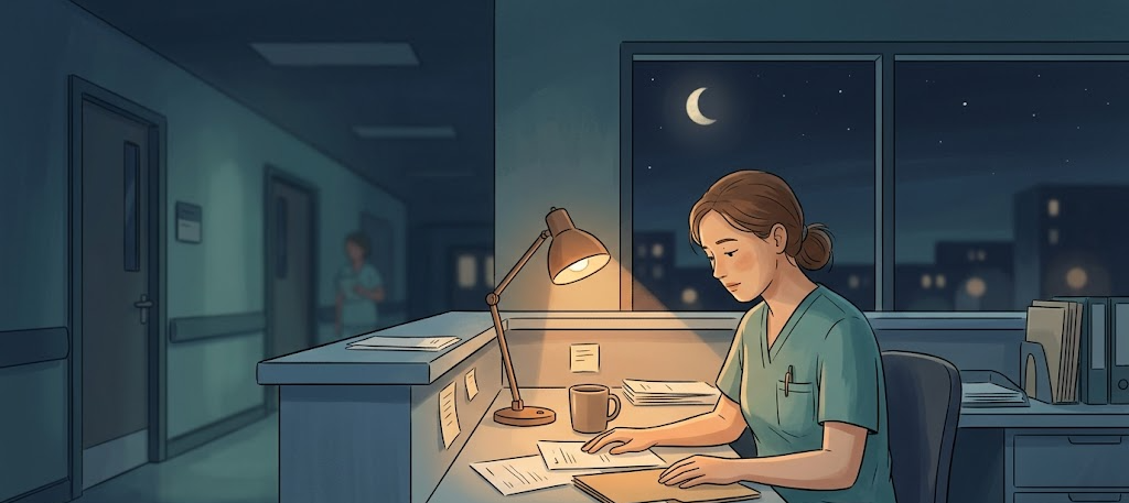 Illustration of a person working at a desk in front of a glowing computer at night with a moonlit window