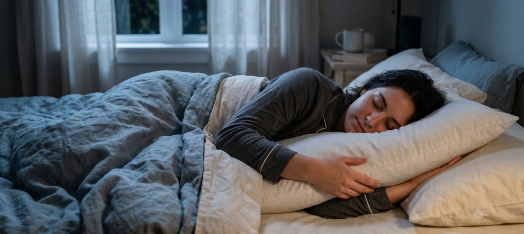 A person sleeping comfortably on their side hugging a full-body pillow in a dim bedroom at night