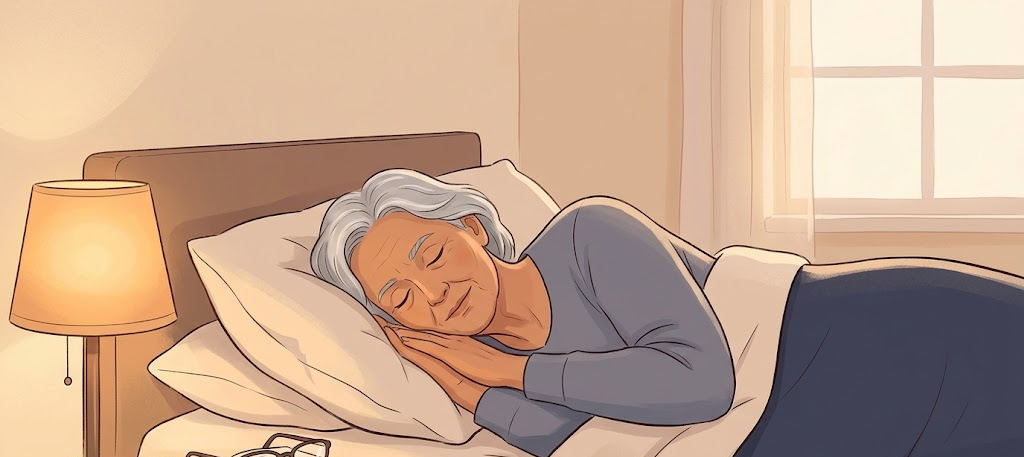 Illustration of an older adult sleeping peacefully with reading glasses on the nightstand
