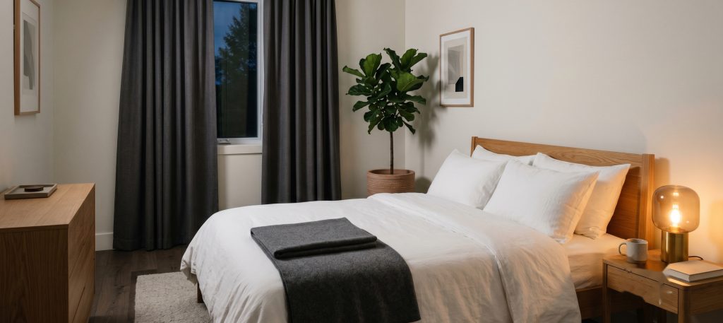 A serene, tidy minimalist bedroom prepared for sleep — neatly made bed, blackout curtains, warm dim bedside lamp, and a potted plant