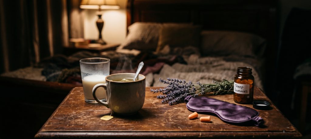 A nightstand crowded with folk sleep remedies — warm milk, chamomile tea, lavender, an eye mask, and supplements — in warm lamp light