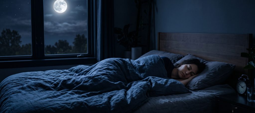 A person in deep restful sleep under a heavy duvet, a full moon casting silver light through the bedroom window