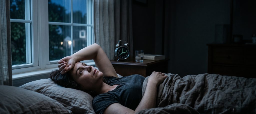 A person lying awake in bed at night with a hand on their forehead, lit by cool moonlight through the window