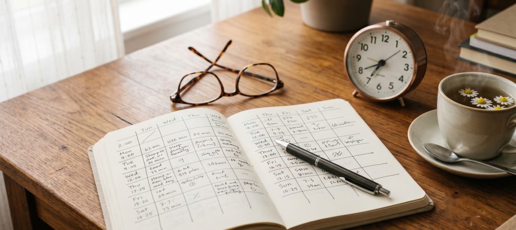 An open sleep diary with a pen and reading glasses on a wooden desk in morning light, beside an analog clock and a cup of tea